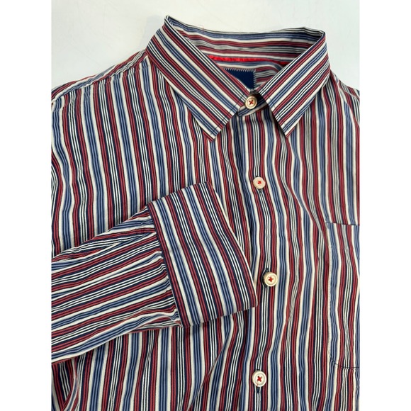 Tommy‎ Bahama Men's Large Red Blue Striped Button Up Dress Shirt Silk Blend - Picture 1 of 6